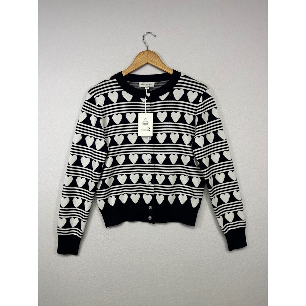Lovecore Free Assembly NWT Women S Navy White Heart Stripe Button Front Cardigan